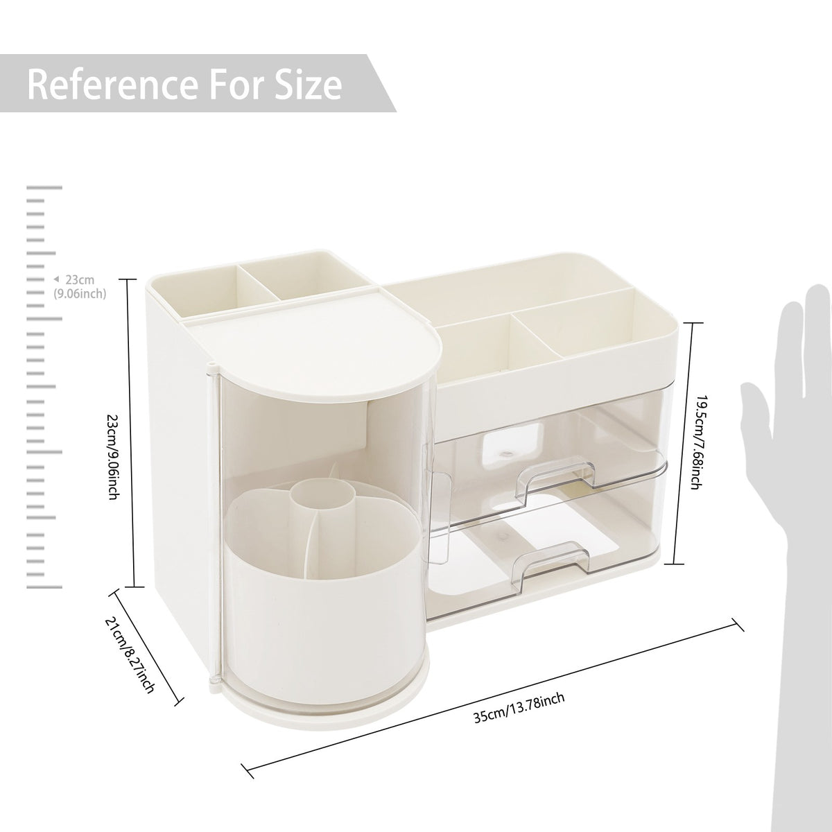 Rotating Makeup Organizer with Drawers and Brush Holder - White