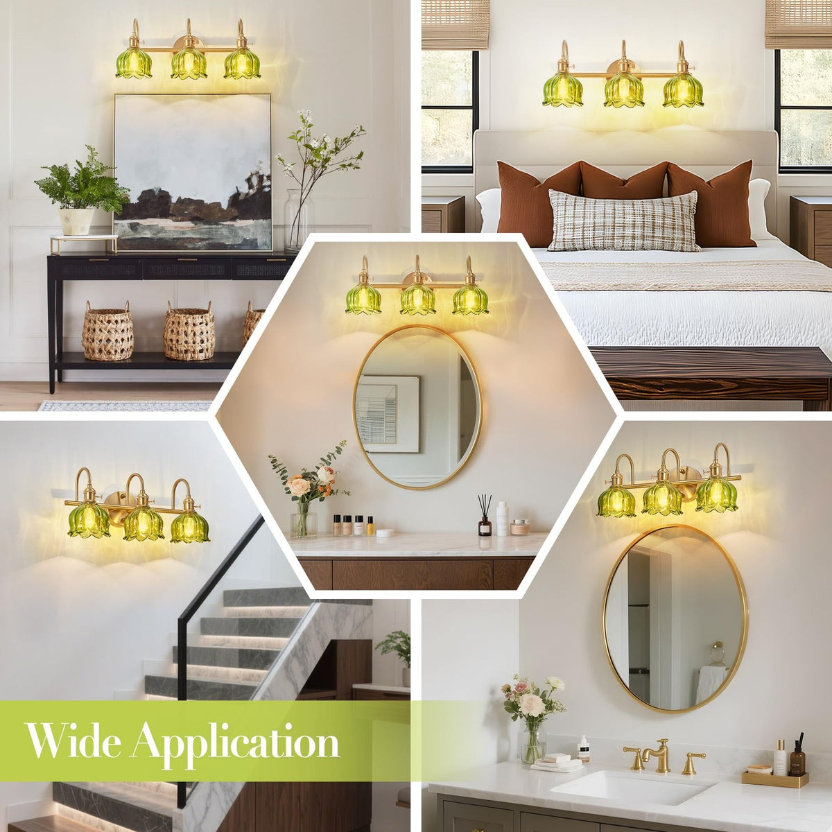 3-Light Brushed Gold Bathroom Vanity Light with Green Tulip Glass Shades