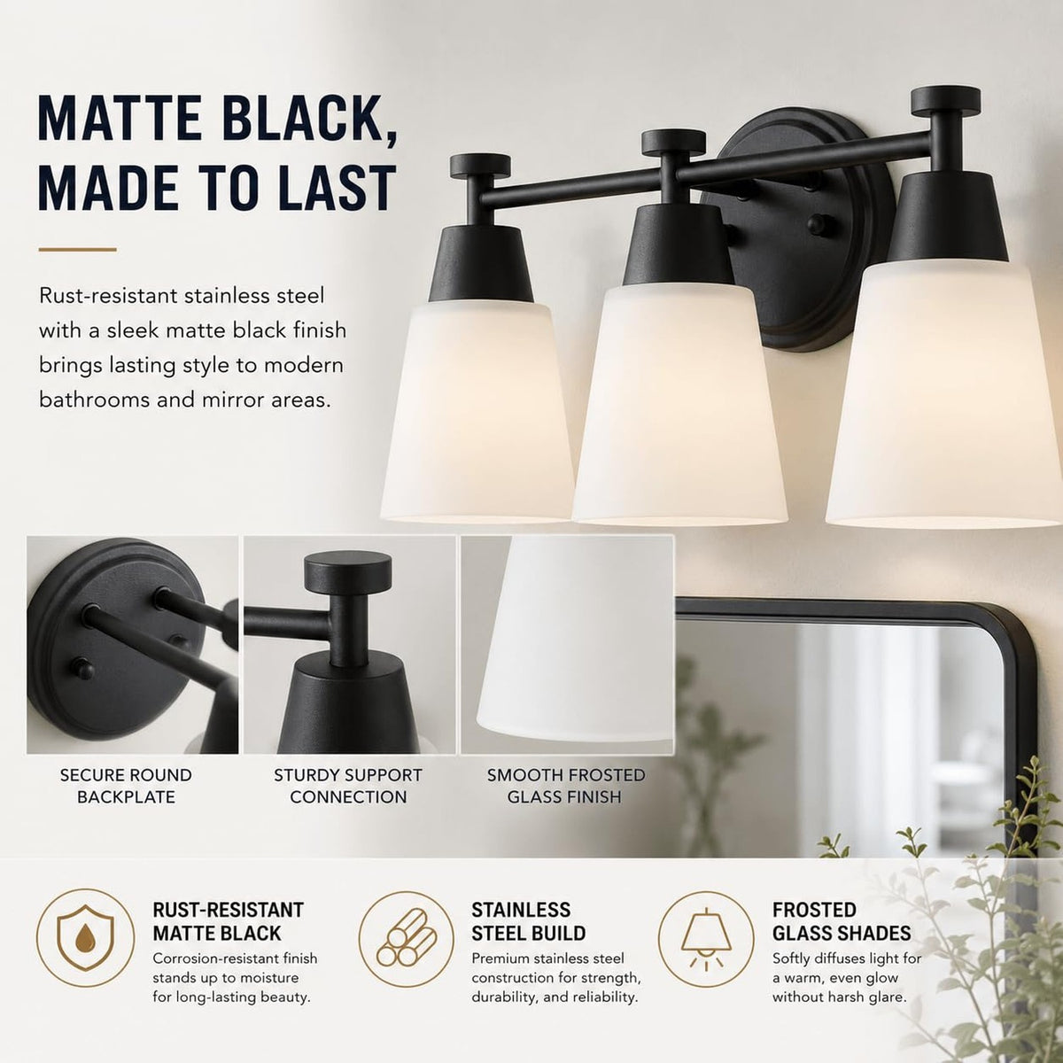 Modern Matte Black 3-Light Bathroom Vanity Light with Frosted Glass