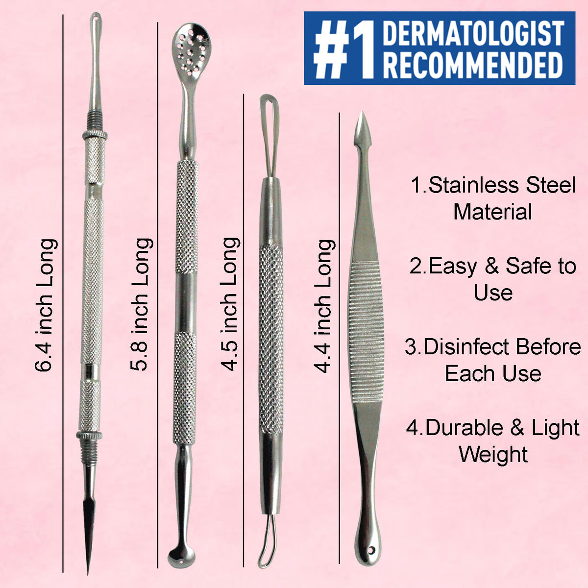 Stainless Steel Blackhead Remover Tools Kit - 4 Piece Acne Extraction Set