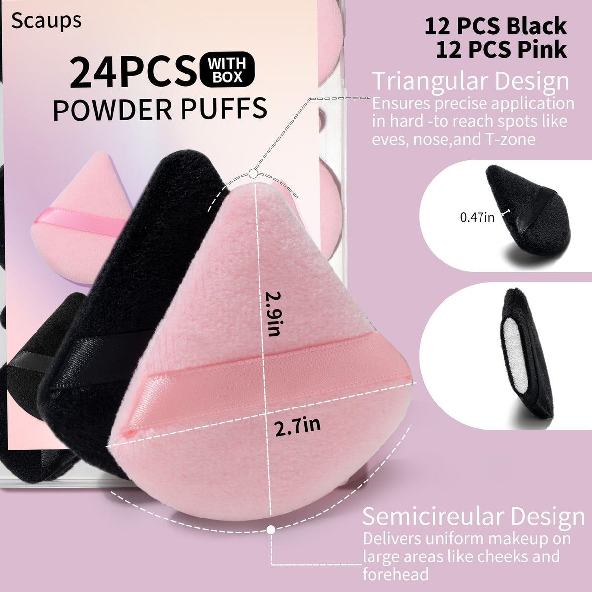 Makeup Powder Puffs Set - 24 Black and Pink Triangular Sponges with Storage Case