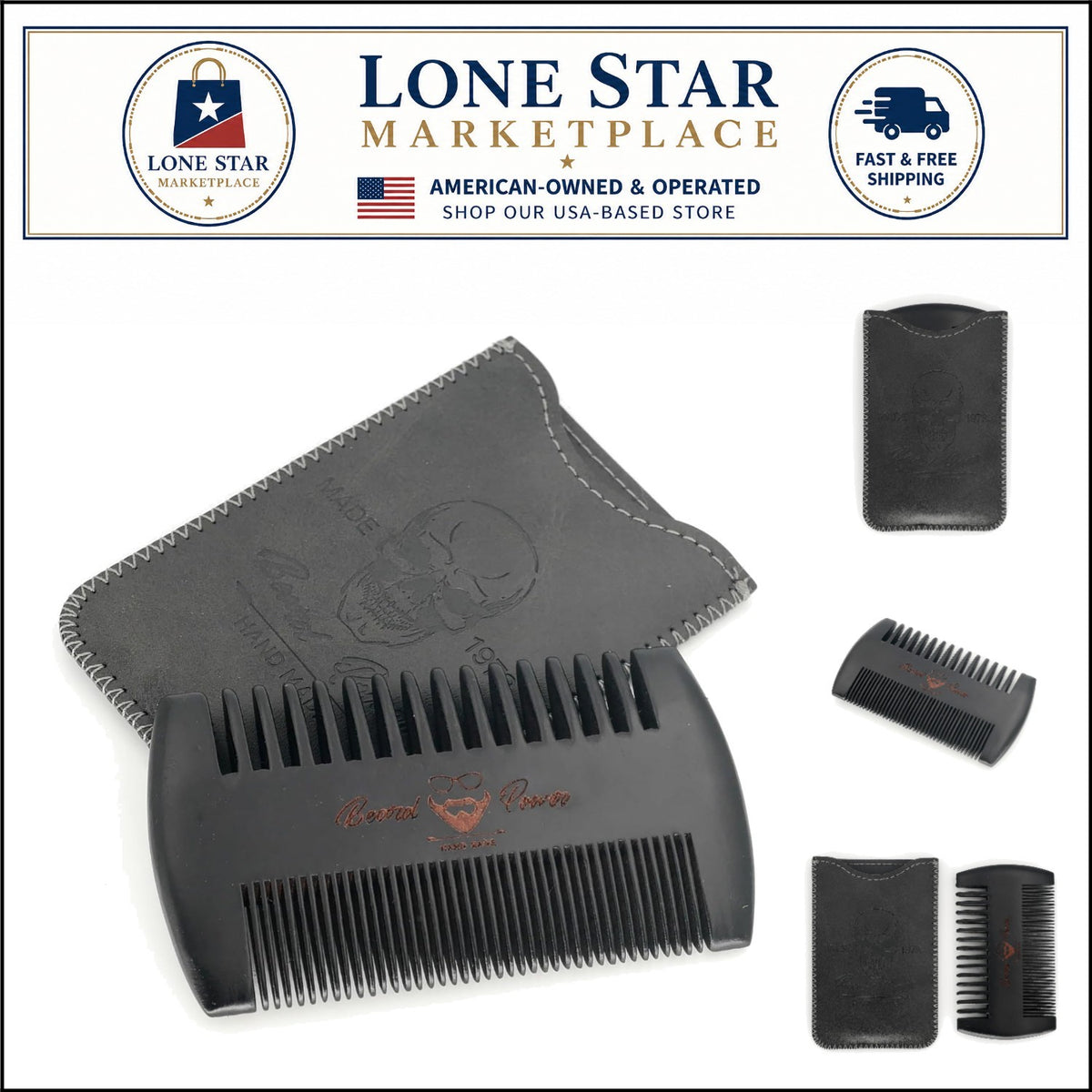 Black Wooden Beard Comb with Protective Leather Case - Travel Grooming Tool