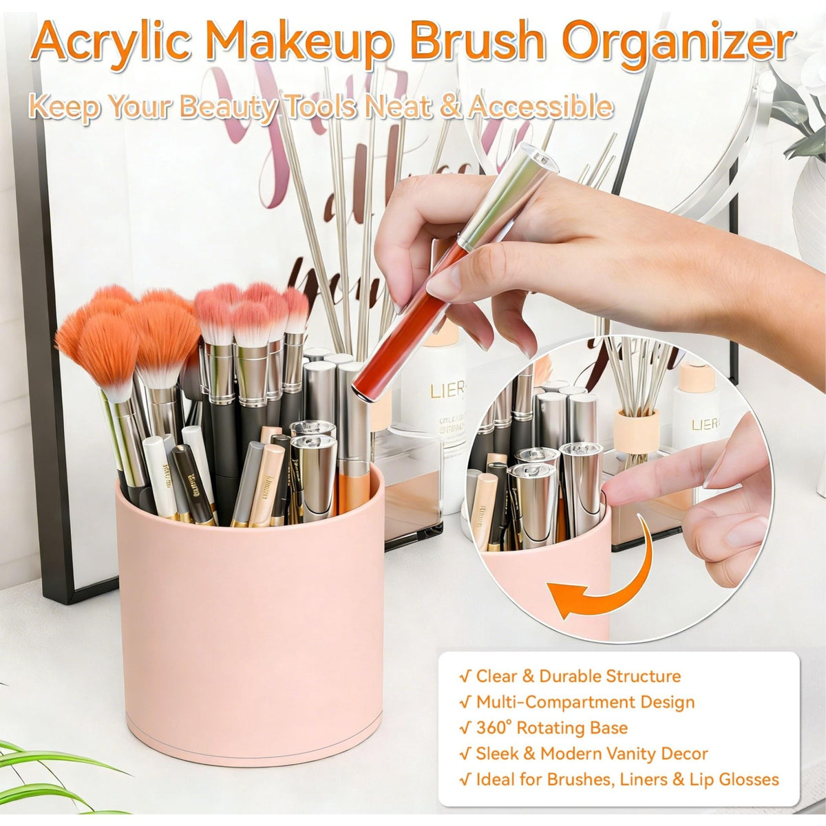 Rotating Makeup Brush Holder with 6 Compartments - Pink