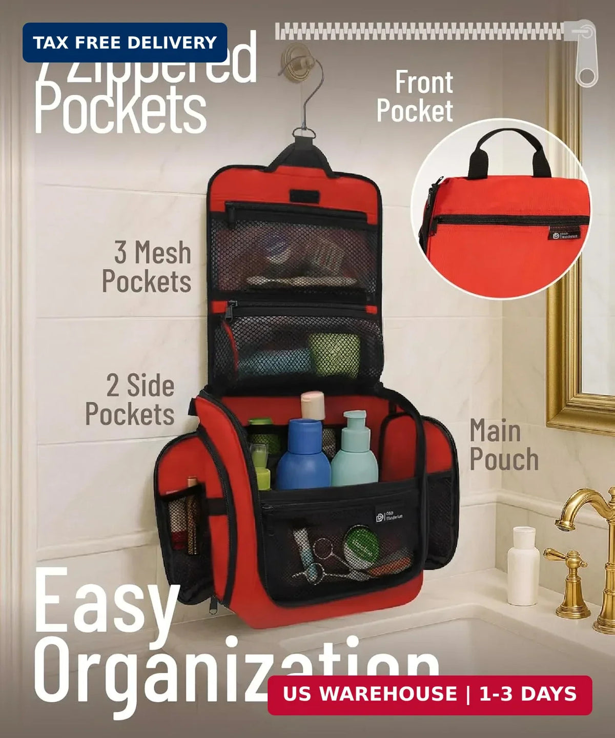 Travel Toiletry Bag with 10 Compartments Water-Resistant Hanging Organizer