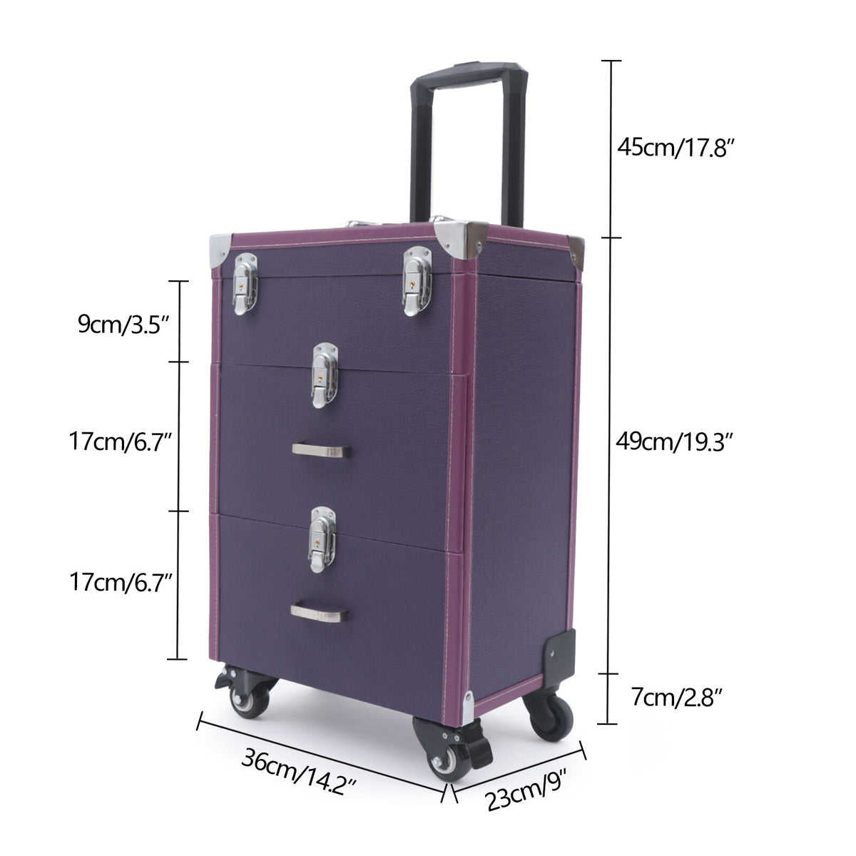 Rolling Makeup Train Case with 4 Wheels and Large Storage - Purple