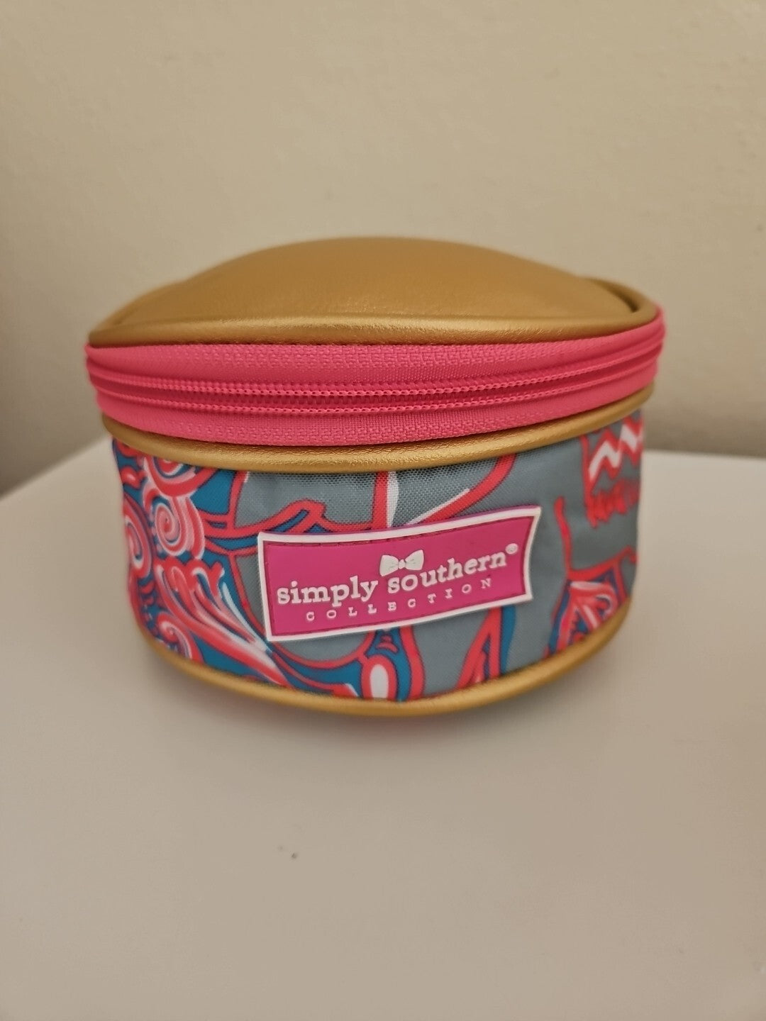 Pink and Gold Cosmetic Bag with Zipper - Round Travel Organizer