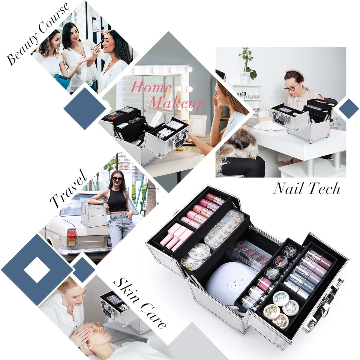 Portable Makeup Organizer Case with Lock, 4-Tier Trays, Silver Travel Storage