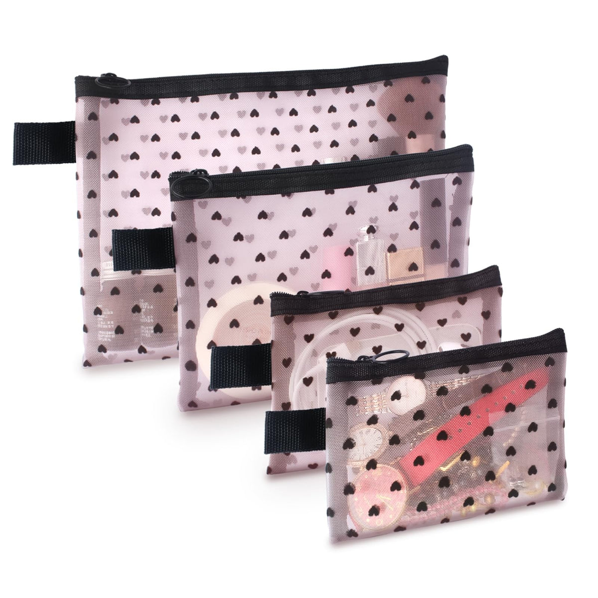 4-Piece Mesh Makeup Bag Set with Heart Print - Travel Cosmetic Organizer