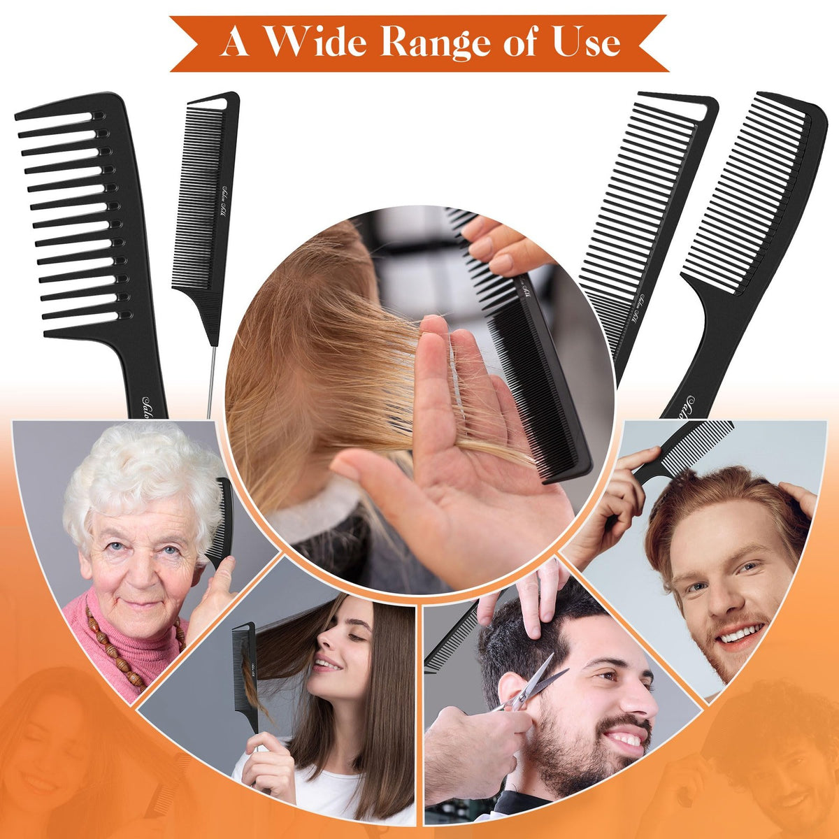 Professional Hair Comb Set - Wide Tooth, Rat Tail, Medium & Braiding Combs, Black