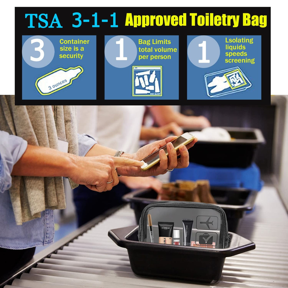 Transparent TSA Approved Travel Toiletry Bag Set of 3