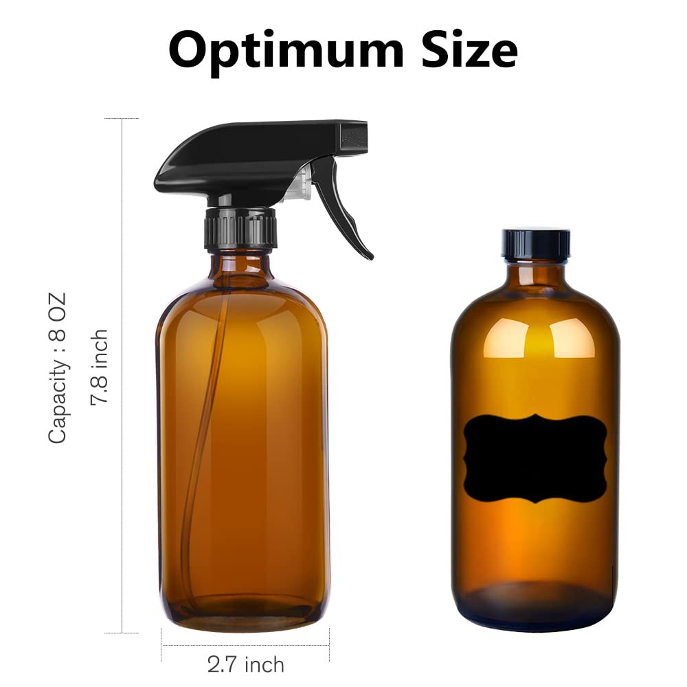 8 Oz Amber Glass Spray Bottles Set - Refillable with Adjustable Nozzle & Labels