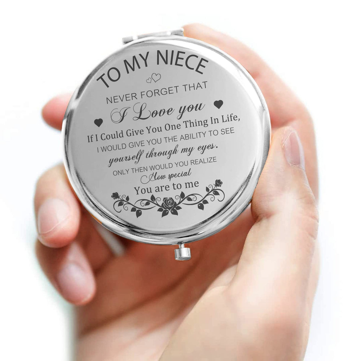 Silver Compact Mirror for Niece from Aunt - Engraved Gift, 2.7 Inch