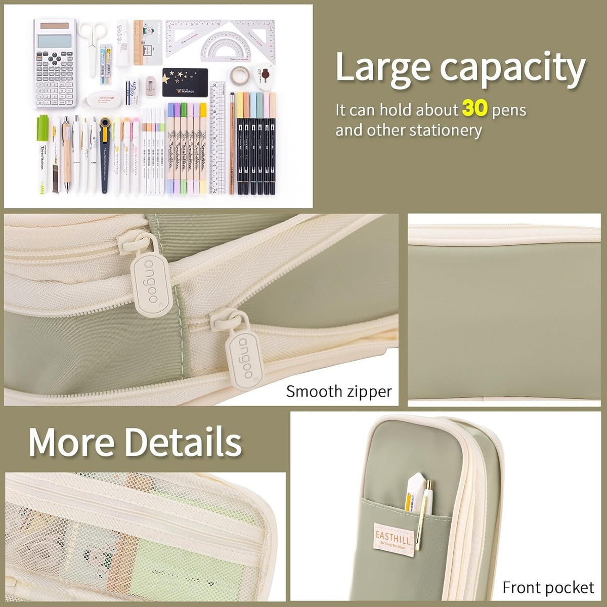 Large Capacity Green Pencil Case for Teen Girls - School & Art Supplies Organizer