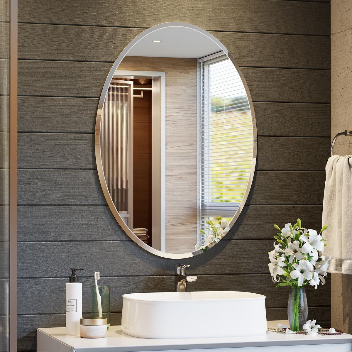 20x28 Inch Frameless Oval Bathroom Mirror with Beveled Edges - Impact-Resistant Tempered Glass