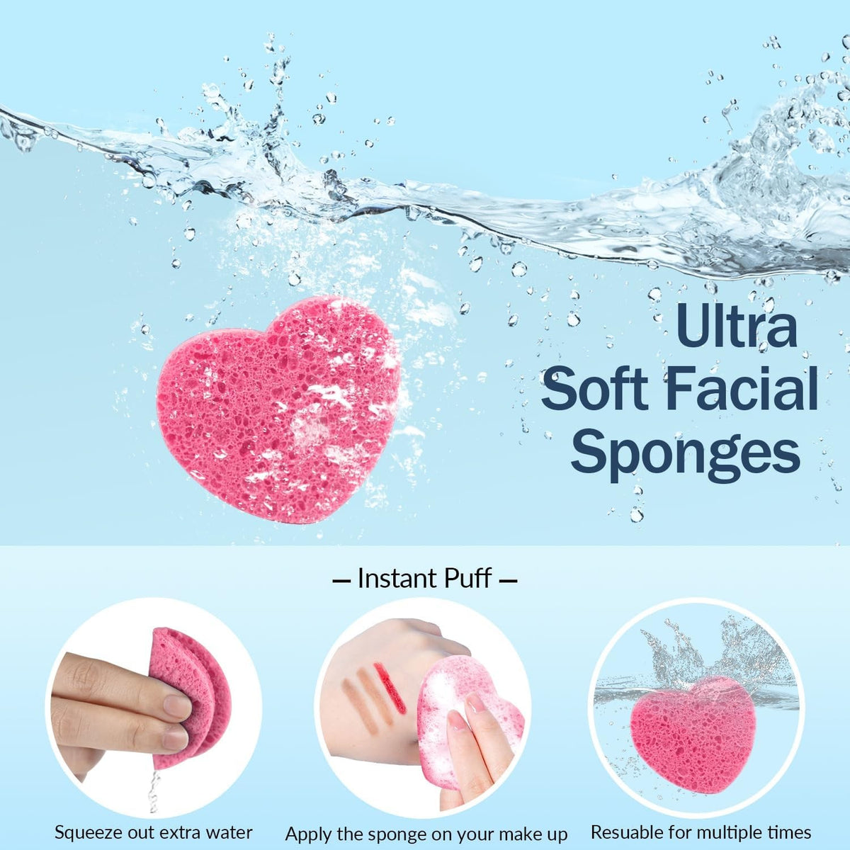 50 Count Heart-Shaped Natural Cellulose Facial Sponges for Gentle Daily Cleansing