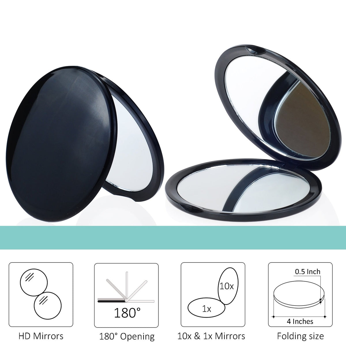 Pocket Makeup Mirror with 10x Magnification & Regular Mirror - Compact Black
