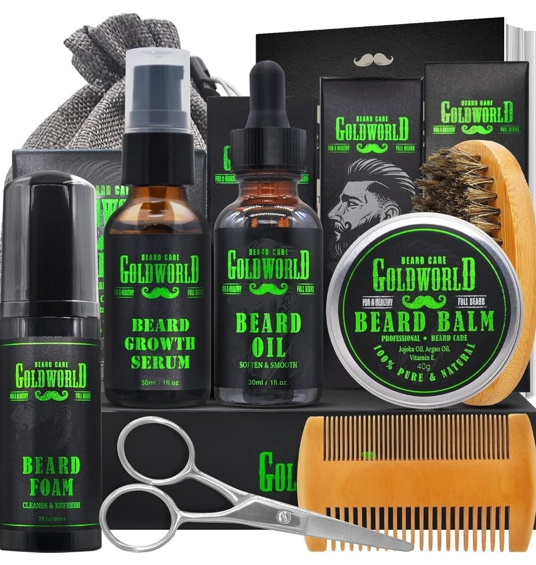 Goldworld Beard Growth & Care Gift Set - Natural Oils & Accessories, Holiday Men’s Self Care