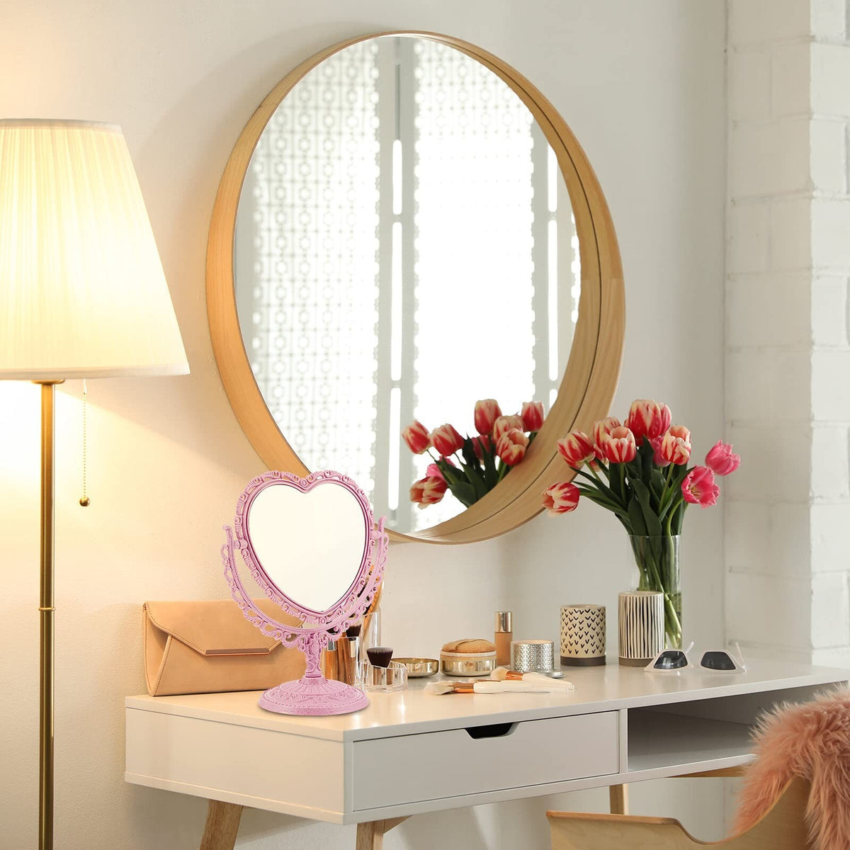 Heart Shaped Vanity Mirror & Hair Combs Set - Rotatable Double-Sided Pink