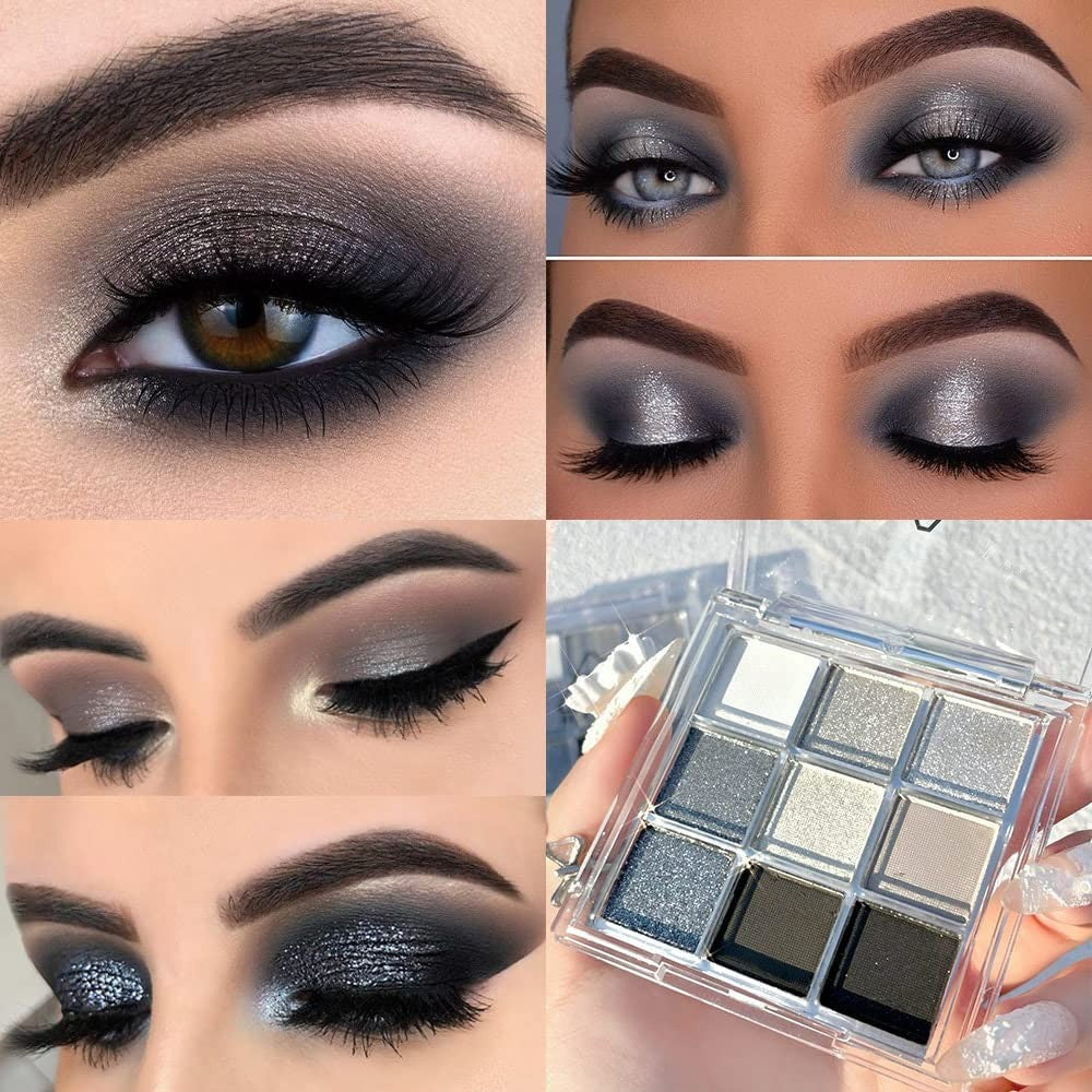 Black Smokey Silver Glitter Eyeshadow Palette - 9 Cool Tones, Waterproof & Long-Lasting