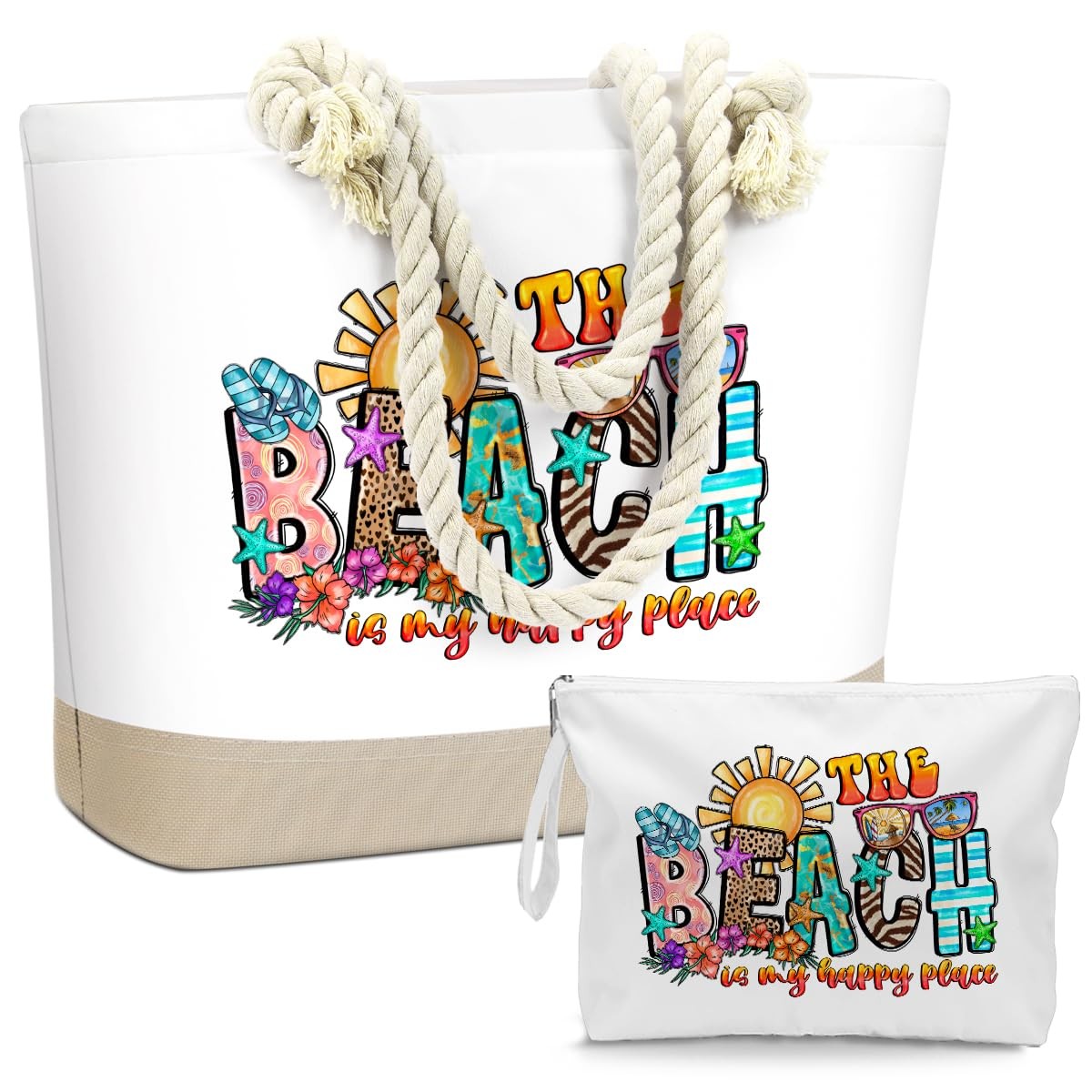 Waterproof Beach Tote Bag with Wet Cosmetic Pouch for Women
