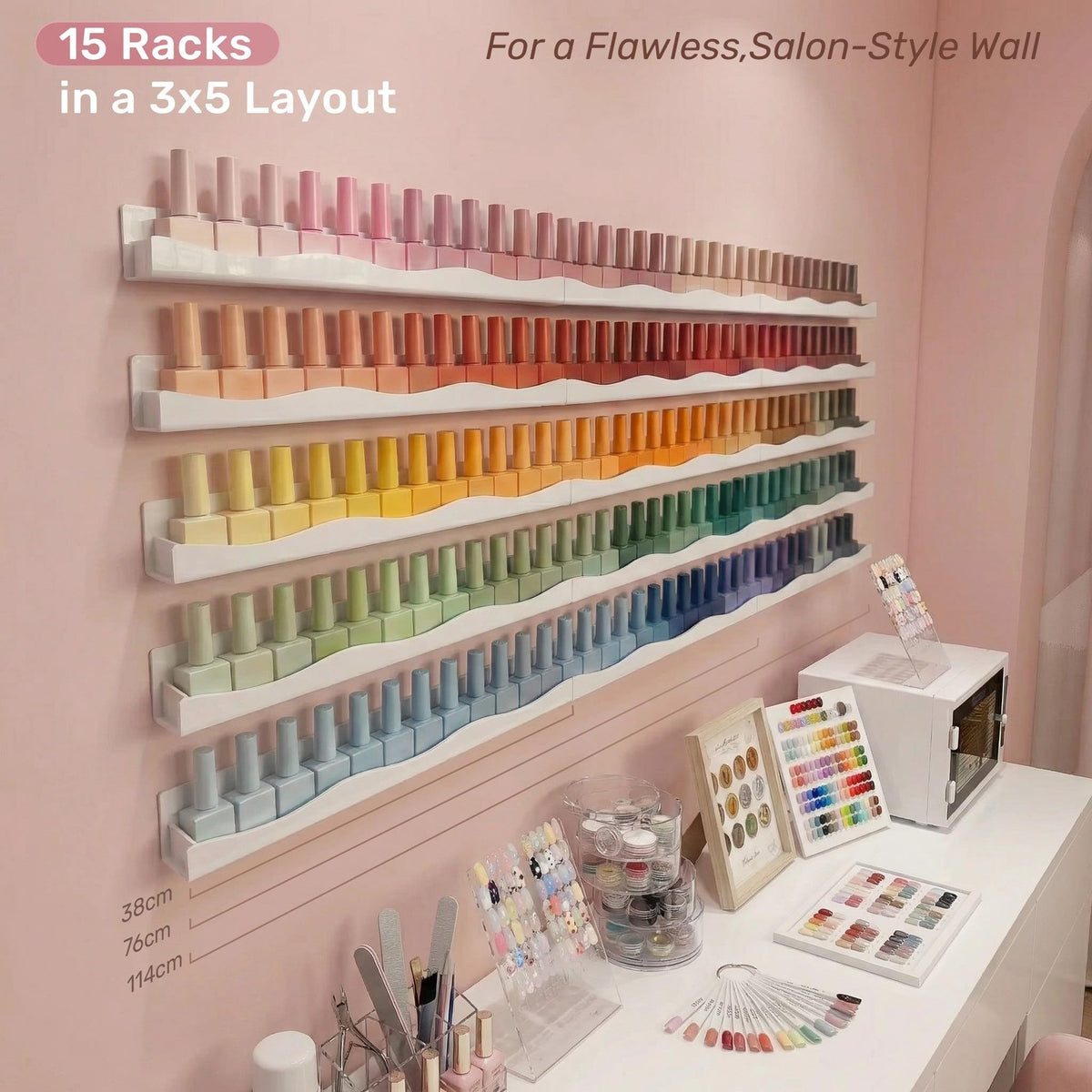 Wall Mounted Nail Polish Rack Organizer Display Shelves - White Acrylic, 6 Pack