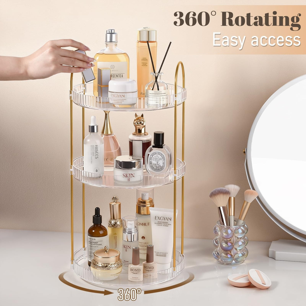 Large Capacity 360° Rotating Makeup Organizer with 2 Tiers and Clear Acrylic Finish