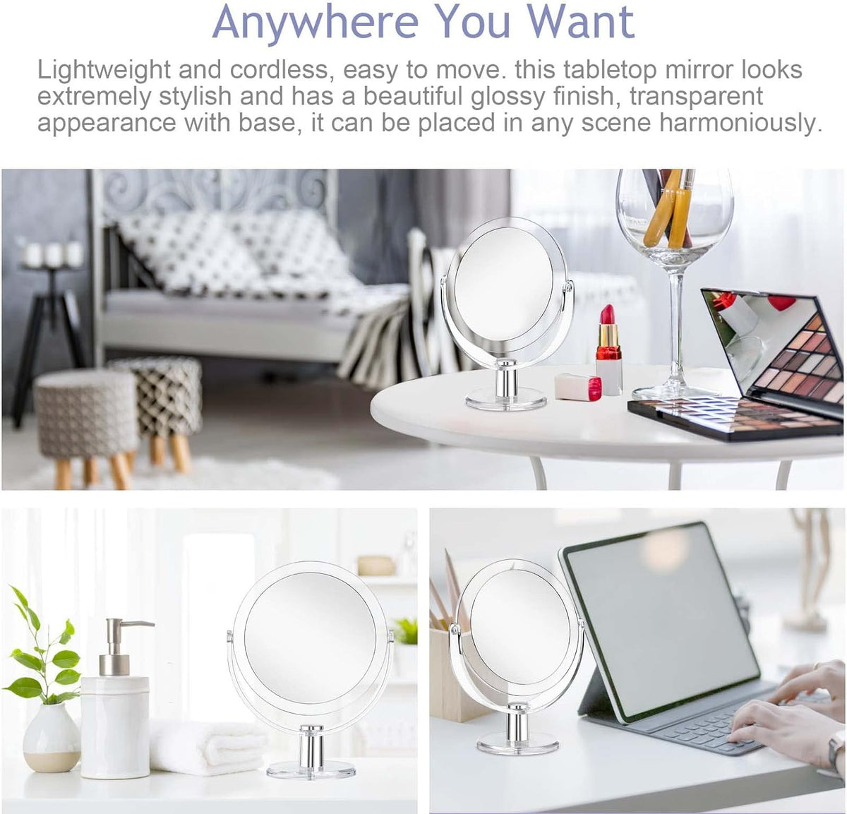 Double-Sided Makeup Mirror with 1X/15X Magnification and 360° Rotation - Stylish Vanity Mirror