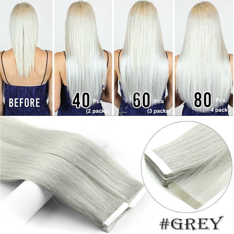 Remy Human Hair Extensions Full Head Skin Weft 80pcs Thick Tape-In Set