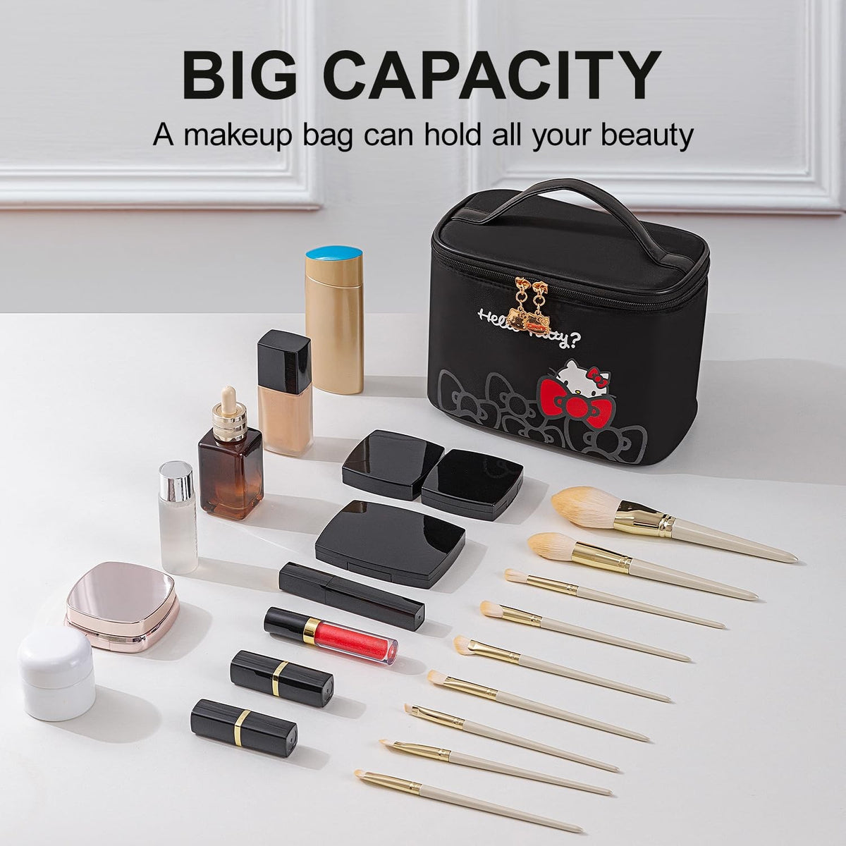 Large Waterproof Travel Makeup Bag Set with Matching Wrist Pouch - Black 2PCS