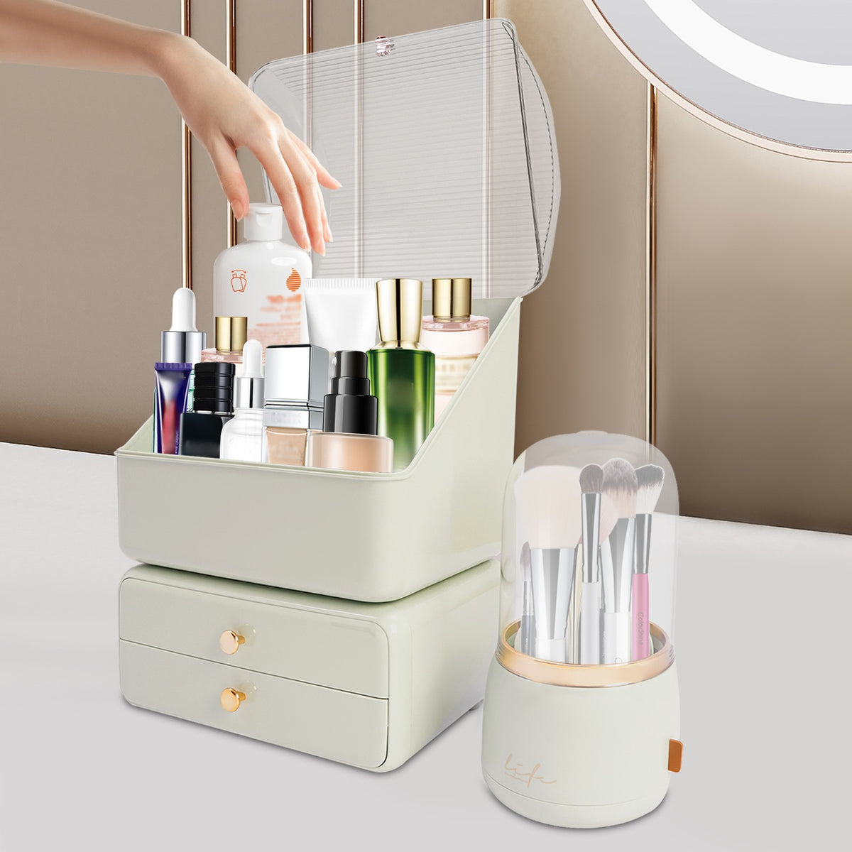 Green Makeup Organizer with Drawers & Brush Holder - Dust Protection