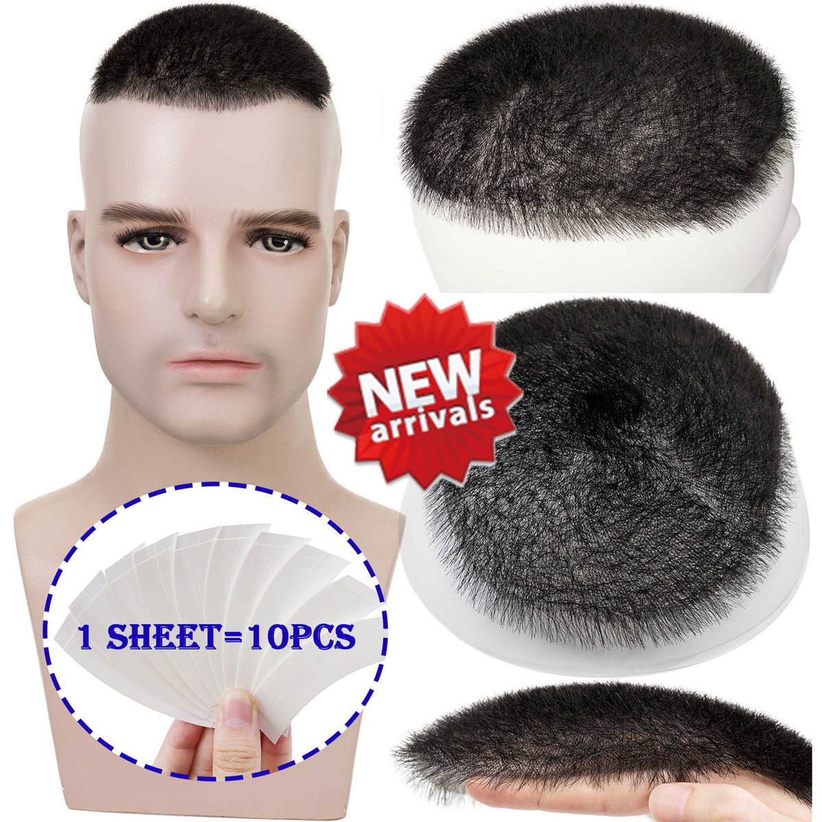 Men's Buzz Cut Human Hair Toupee Skin PU Natural Black Wiglet - Multiple Variants