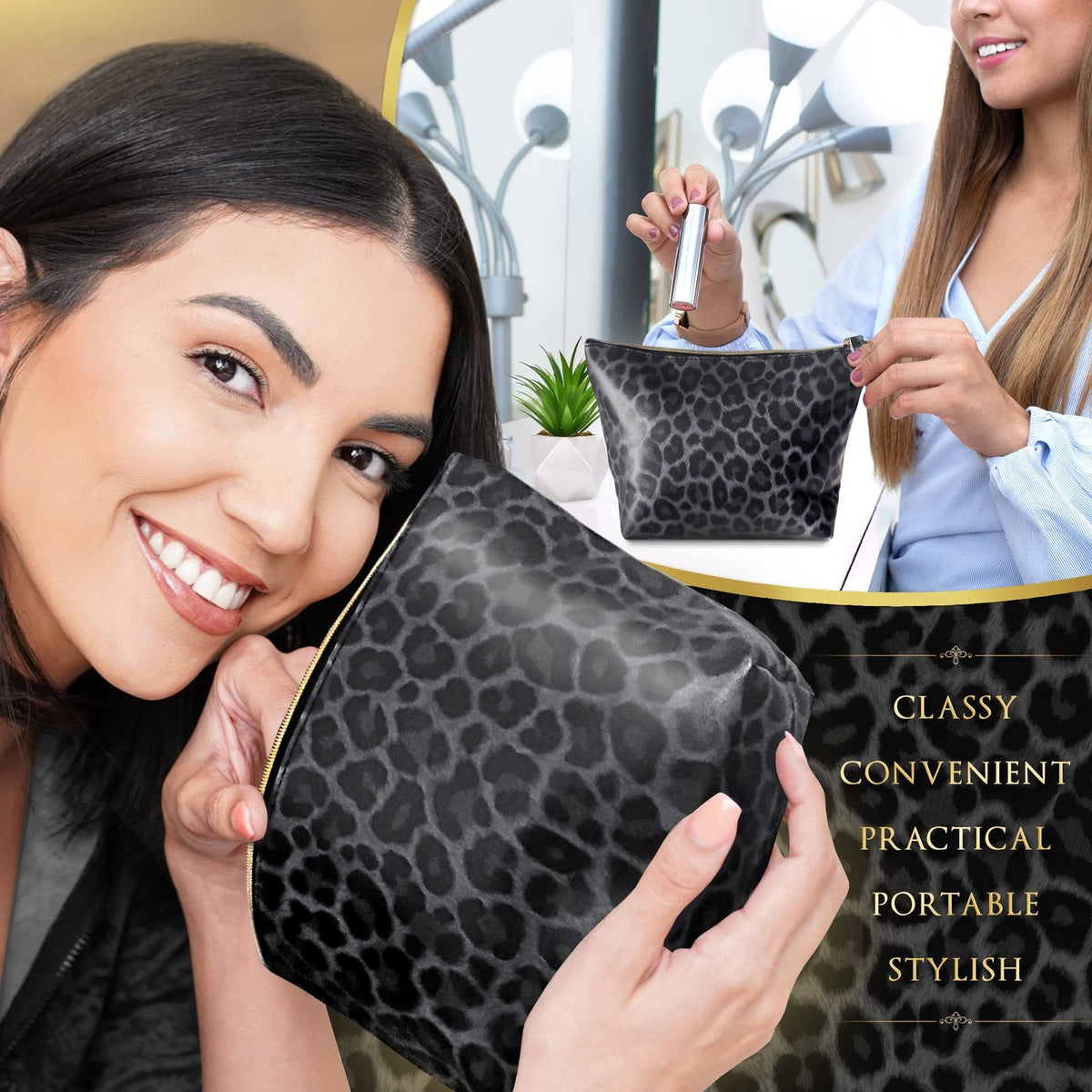 Vegan Leather Leopard Print Makeup Bag for Travel & Purse - Small Cosmetic Organizer
