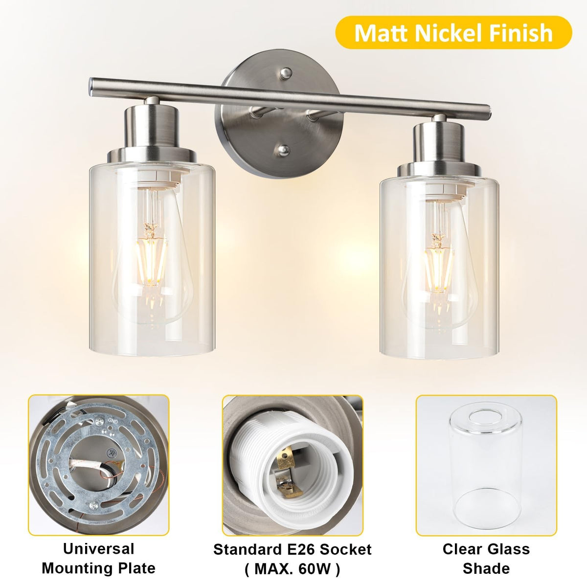 Unicozin 2-Light Modern Vanity Wall Sconce with Clear Glass Shade - Brushed Nickel Finish