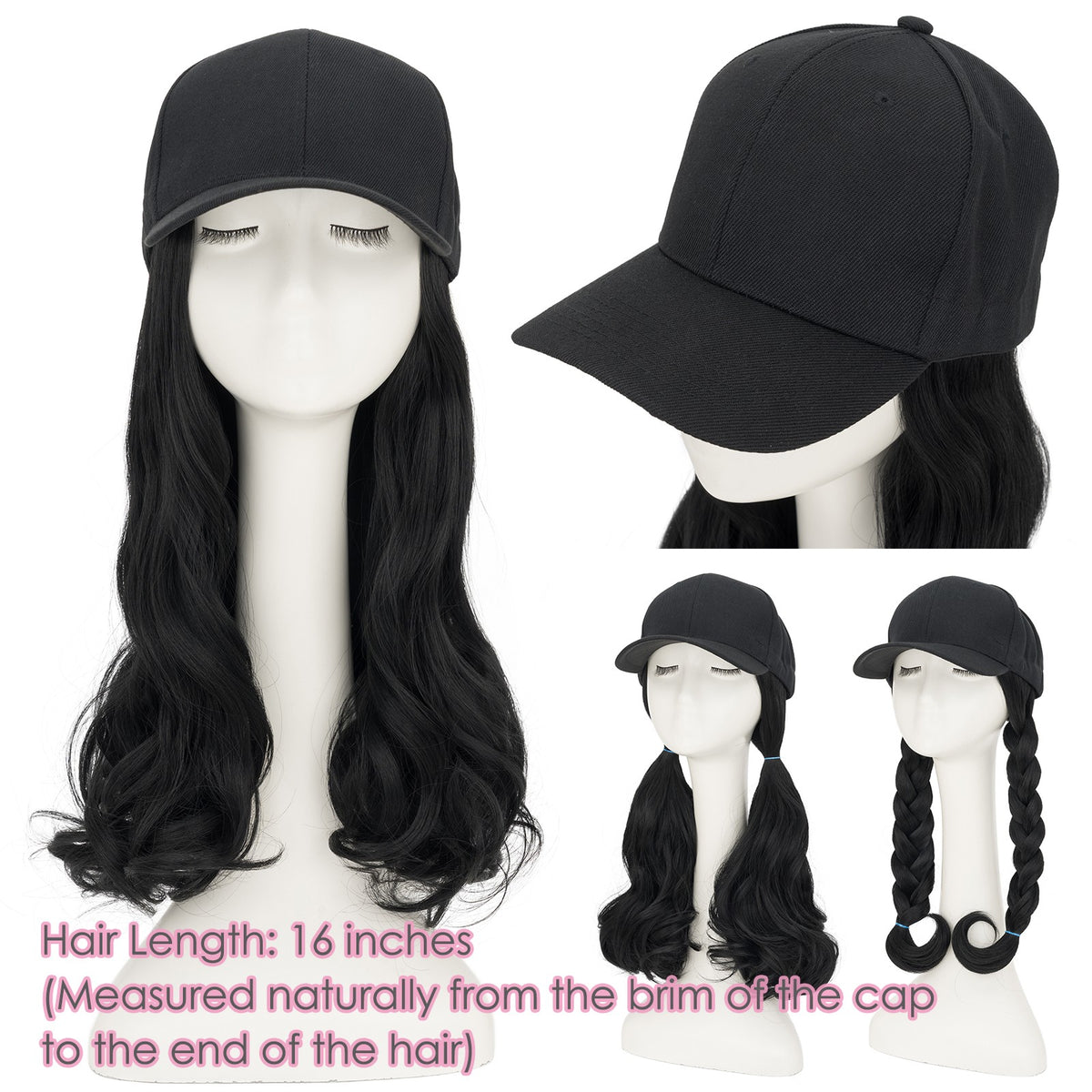 Women Baseball Cap Hat with Wavy Synthetic Hair Wig - Natural, Ombre