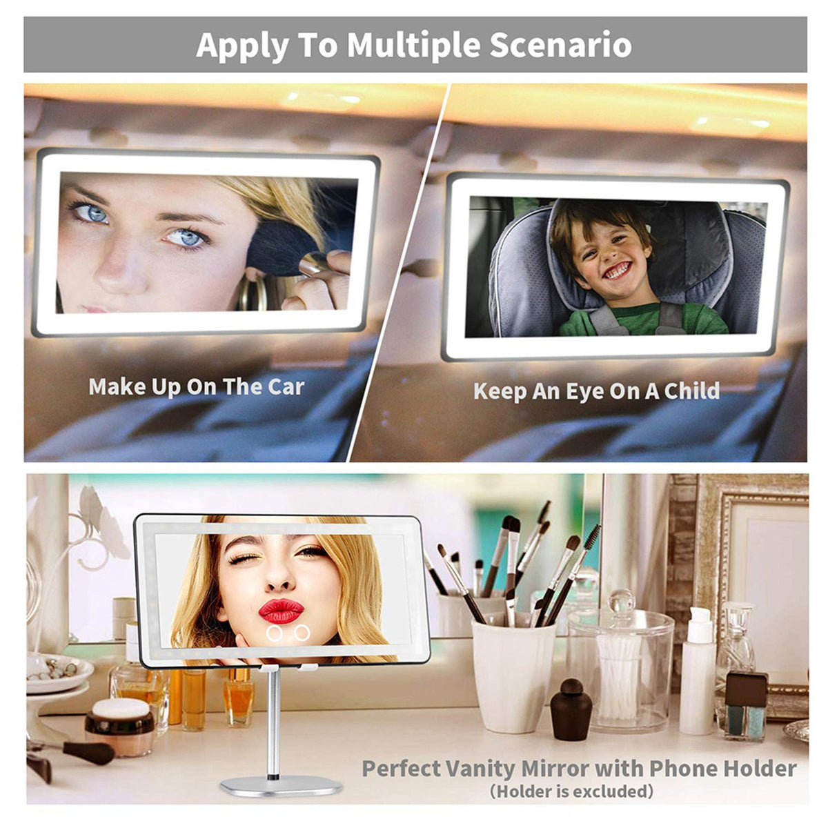Car Sun Visor LED Vanity Mirror with Touch Control & Rechargeable Battery