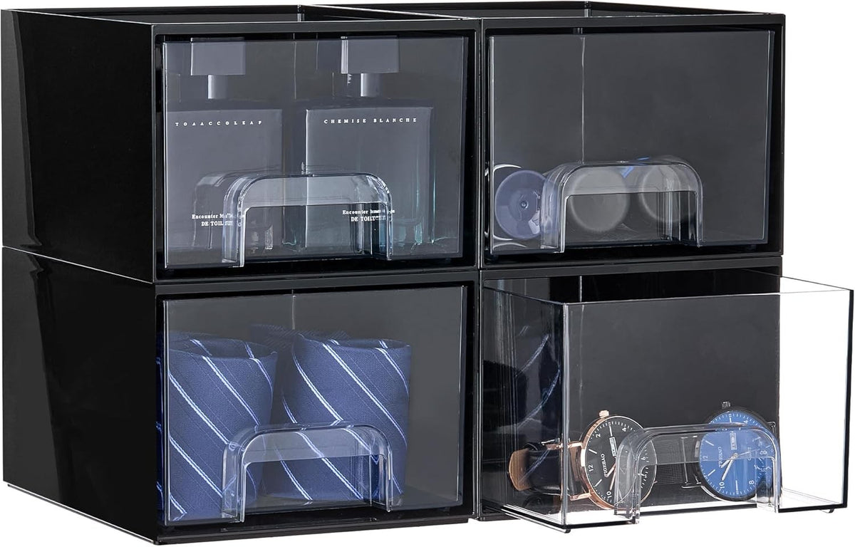 Stackable Storage Drawers for Men’s Cologne and Makeup - Black Plastic Organizer