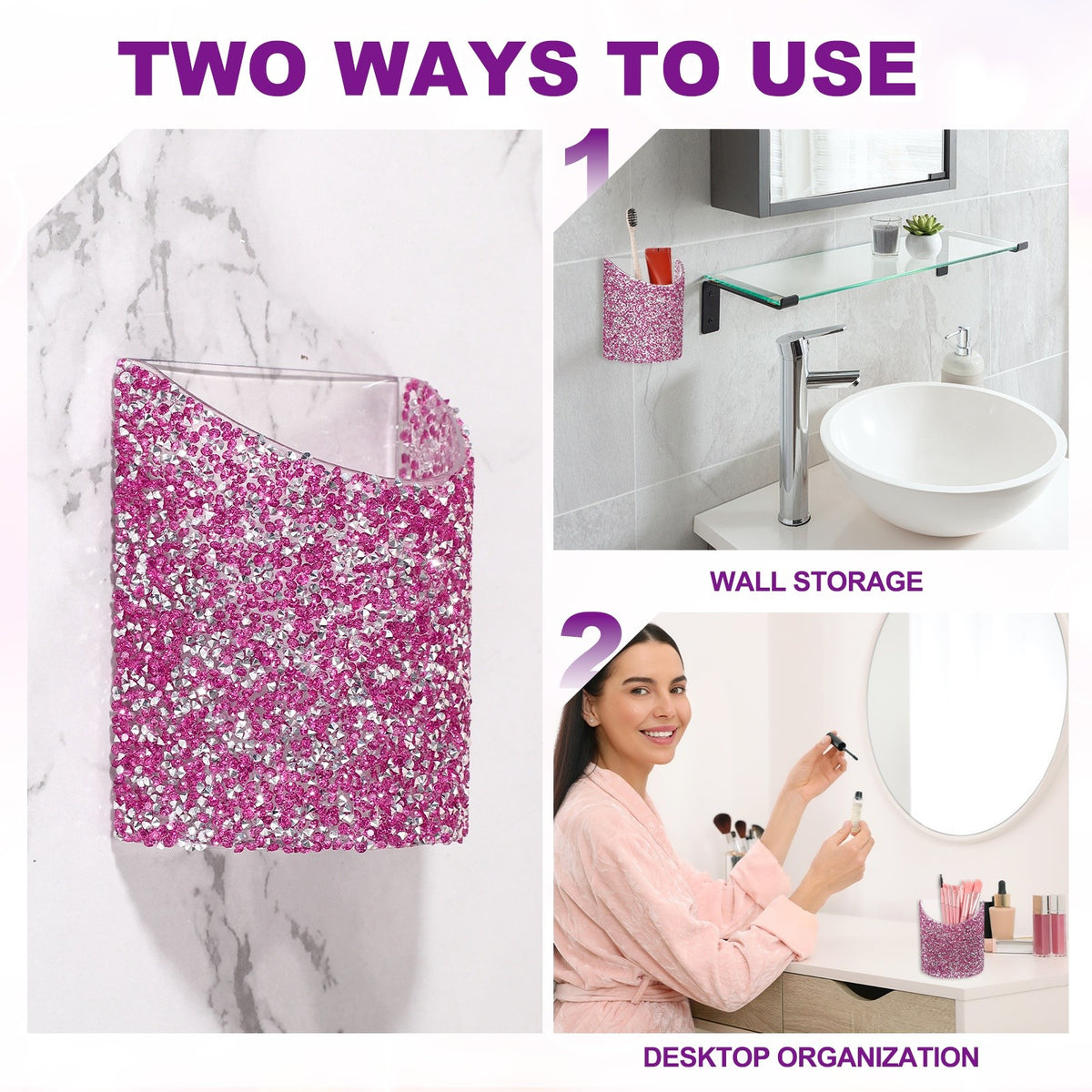Wall-Mounted Makeup Brush Holder with Clear Adhesive Silver 4.3x4.7 Inches