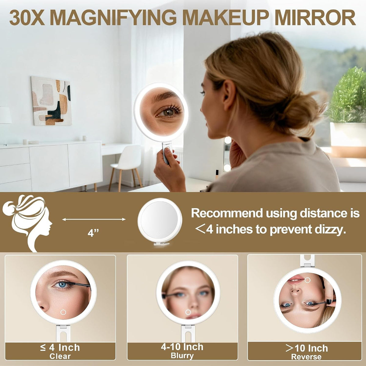 30x Magnifying Travel Makeup Mirror with LED Light - Handheld 6 Inch