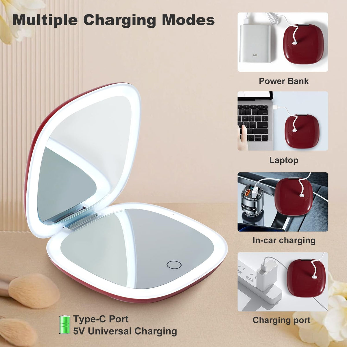 LED Travel Makeup Mirror with 1X/10X Magnification, USB Rechargeable, Compact Wine Red