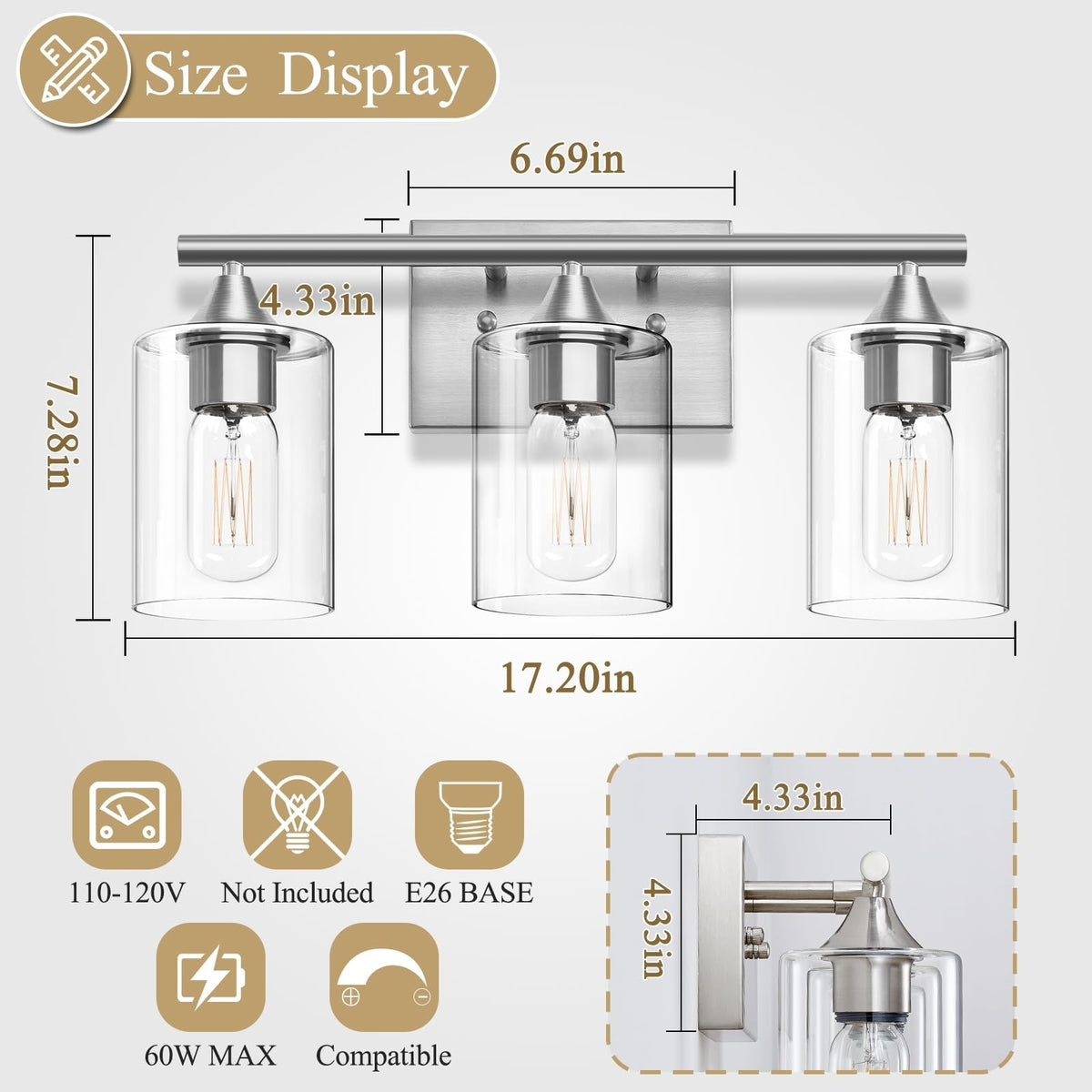 3-Light Brushed Nickel Bathroom Vanity Light Fixture Modern Wall Sconce