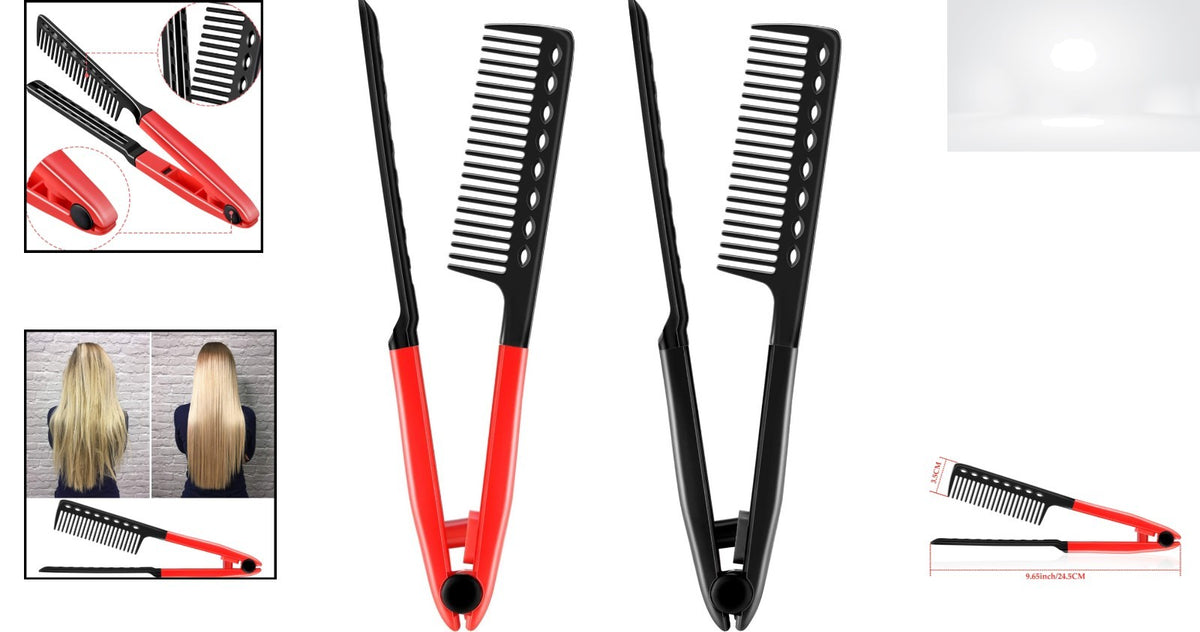 V-Shaped Hair Straightening Comb Set - 2 Pack, Red & Black, Travel Friendly