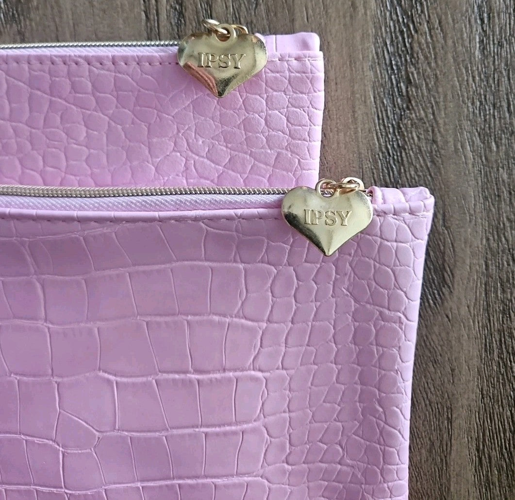2-Pack Pink Faux Crocodile Makeup Bags with Heart Pull - Ipsy