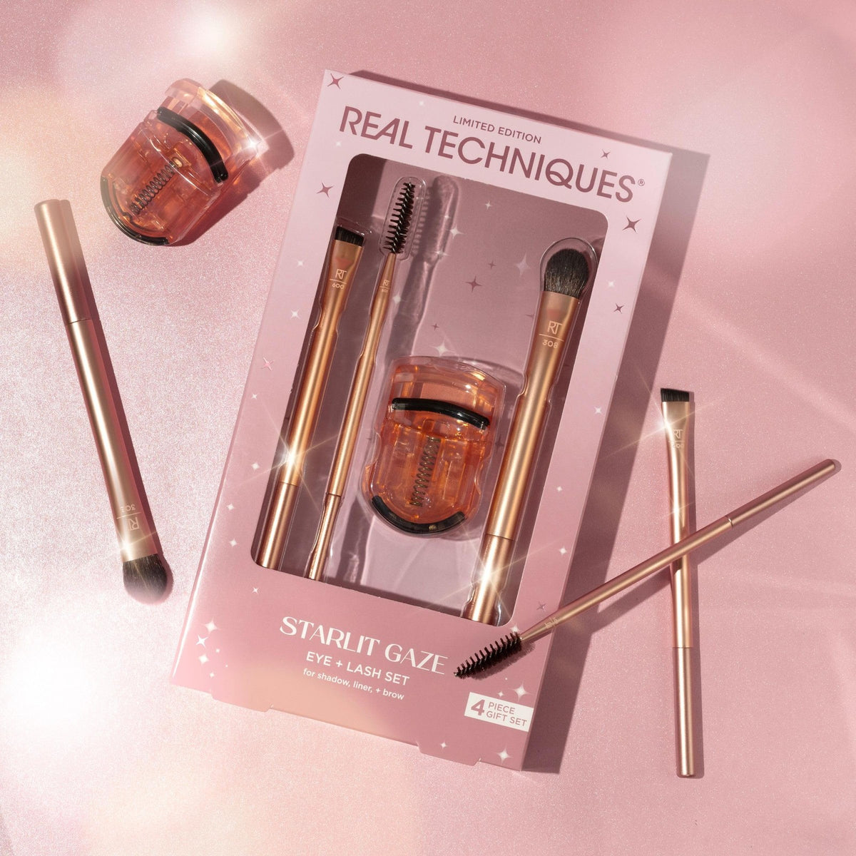 Eye Makeup Brush Set with Lash Curler - 4 Piece Holiday Gift Set