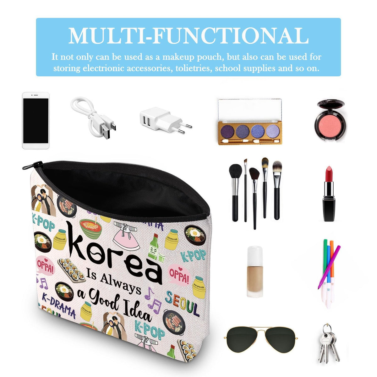 Korea Travel Cosmetic Bag - Souvenir Gift, Canvas, Portable Organizer