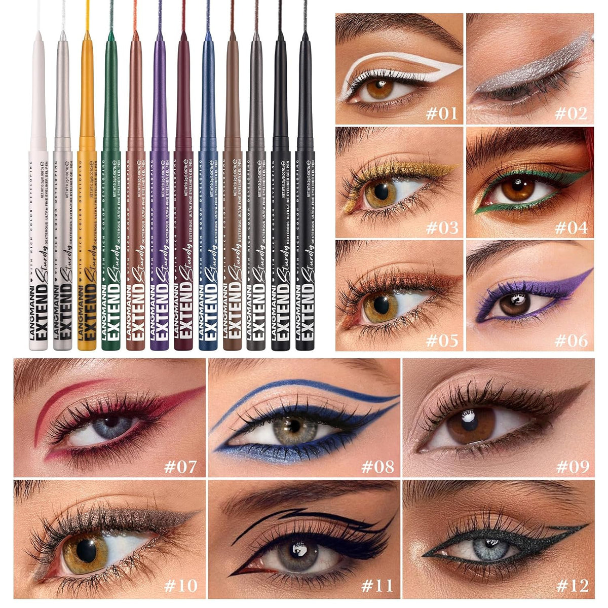 12-Color Waterproof Gel Eyeliner Pencil Set - Matte, Shimmer & Metallic Shades