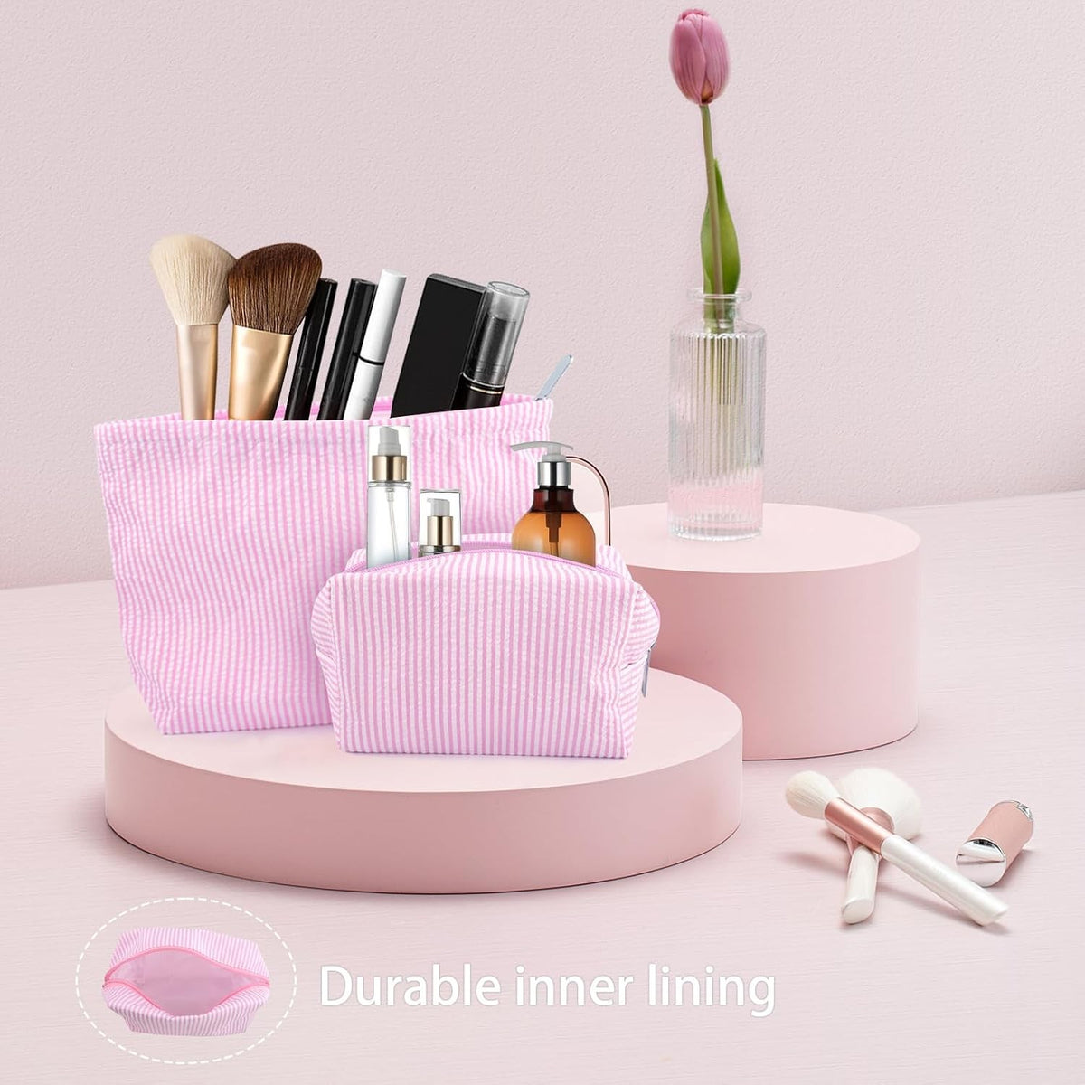 Pink Striped Makeup Bag Set for Women - Cosmetic and Travel Organizer