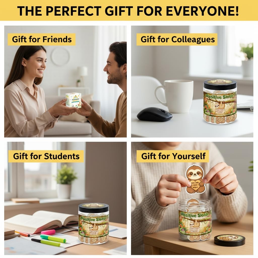 Positive Sloth Affirmation Jar with 60 Stress Relief Cards - Emotional Support Gift
