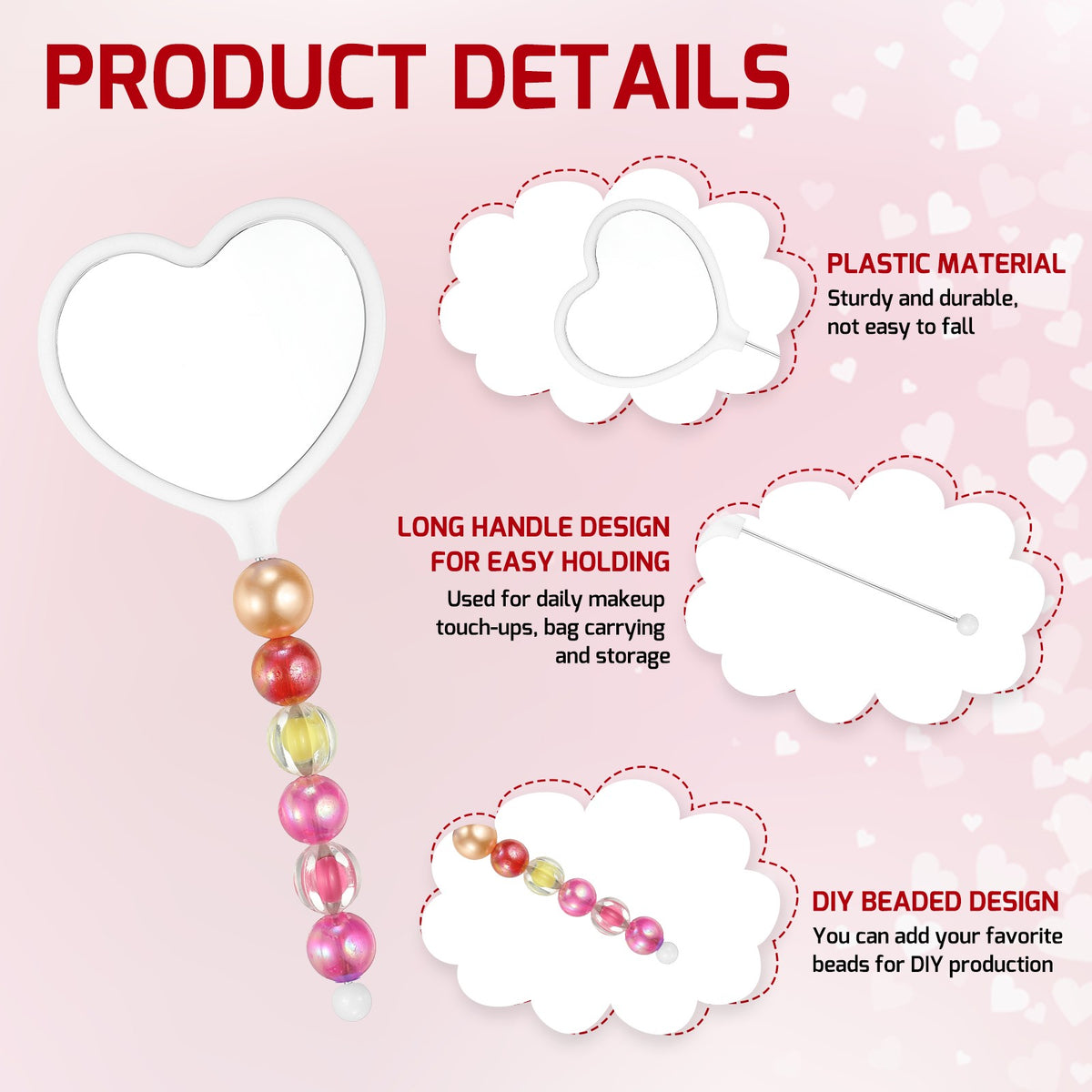 Heart-Shaped Beadable Mirror Set - DIY Handle Craft Gift, 6.4 Inch White
