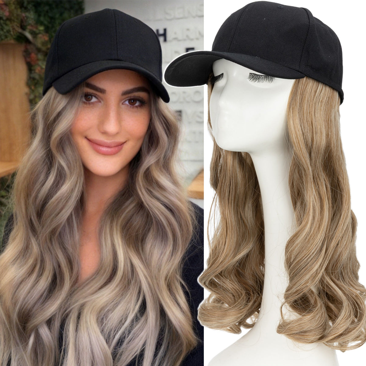 Women Baseball Cap Hat with Wavy Synthetic Hair Wig - Natural, Ombre