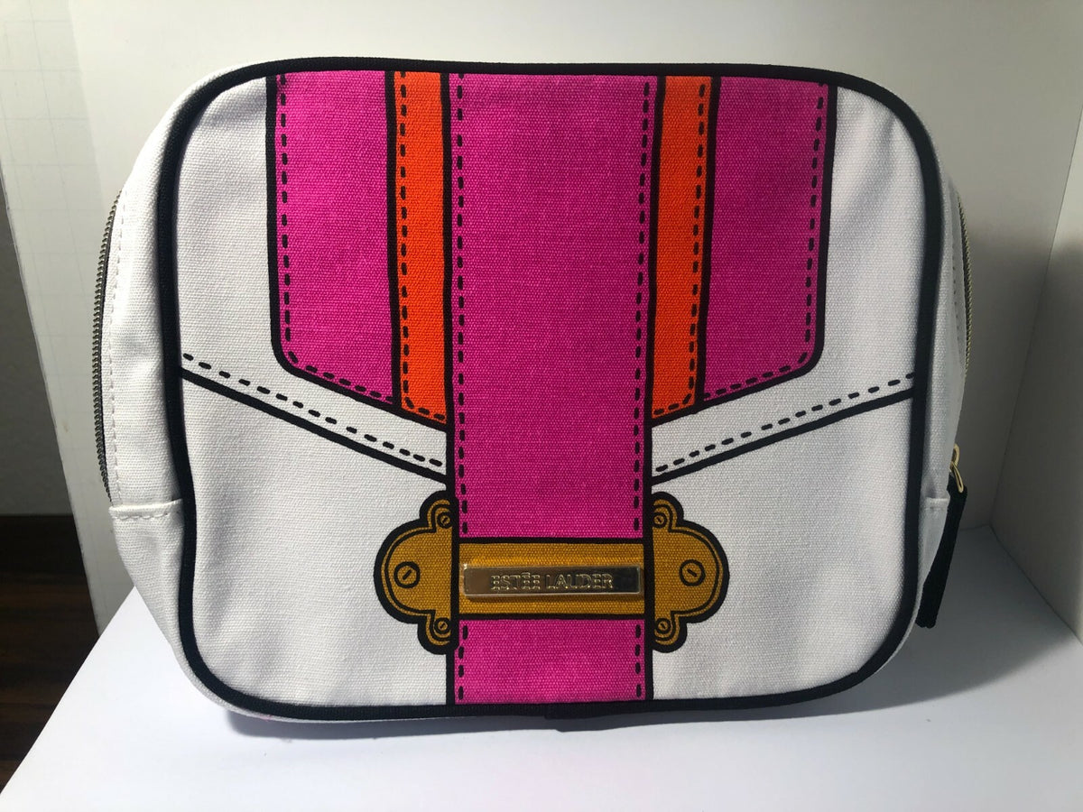 Estée Lauder White Belt Design Makeup Cosmetic Travel Pouch Bag 7x6x2 Inch